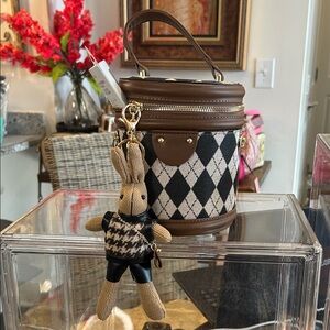 Brown and Black Argyle Bucket Bag with Bunny Charm & Drew Barrymore Makeup NWT